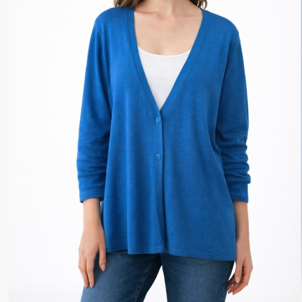 EILEEN FISHER Petite Blue Pure Merino Wool Button Front Cardigan Sweater PM